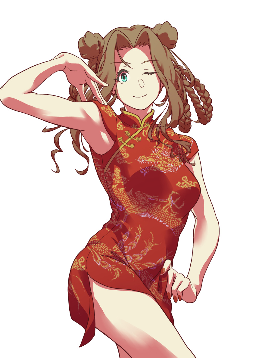 absurdres aqua_eyes armpits braid brown_hair china_dress chinese_clothes double_bun dress evep_(all-dance) female hair_bun hand_up highres idolmaster idolmaster_million_live! long_hair nikaidou_chizuru one_eye_closed red_nails simple_background smile solo standing white_background