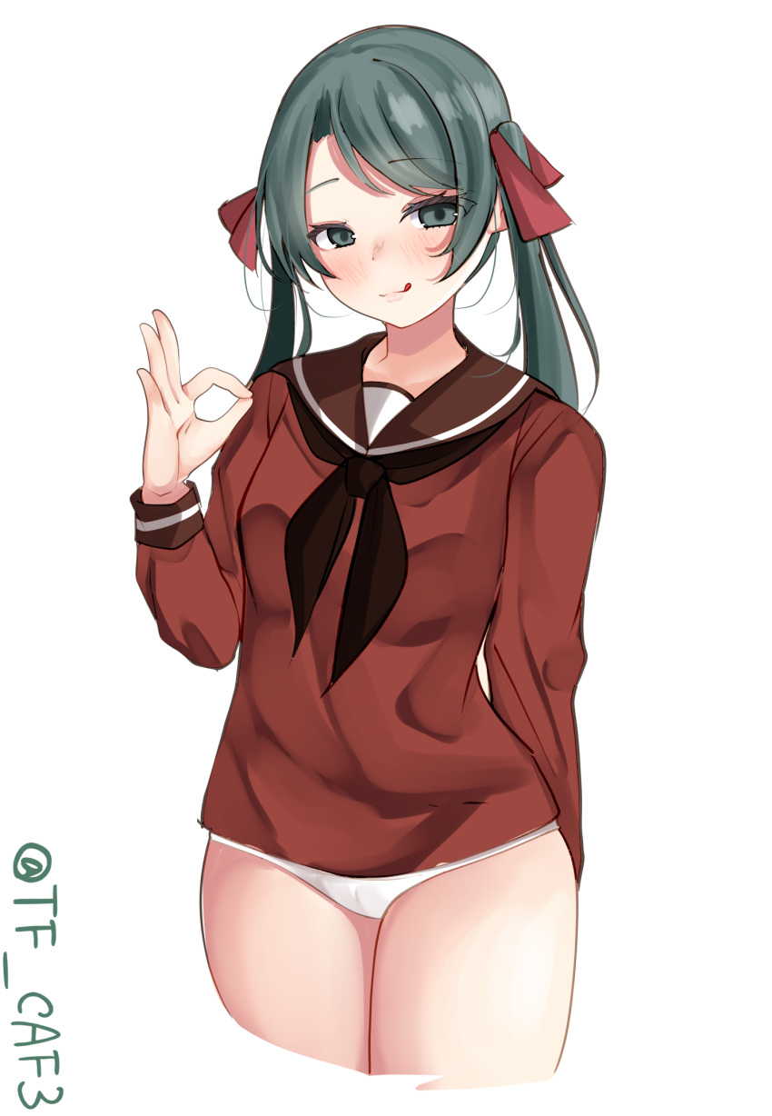 black_neckerchief blush cowboy_shot cropped_legs female green_eyes green_hair highres kantai_collection licking_lips long_hair long_sleeves looking_at_viewer mikuma_(kancolle) neckerchief one-hour_drawing_challenge panties red_shirt sailor_collar sexually_suggestive shirt simple_background solo tf_cafe tongue tongue_out twintails twitter_username underwear white_background white_panties