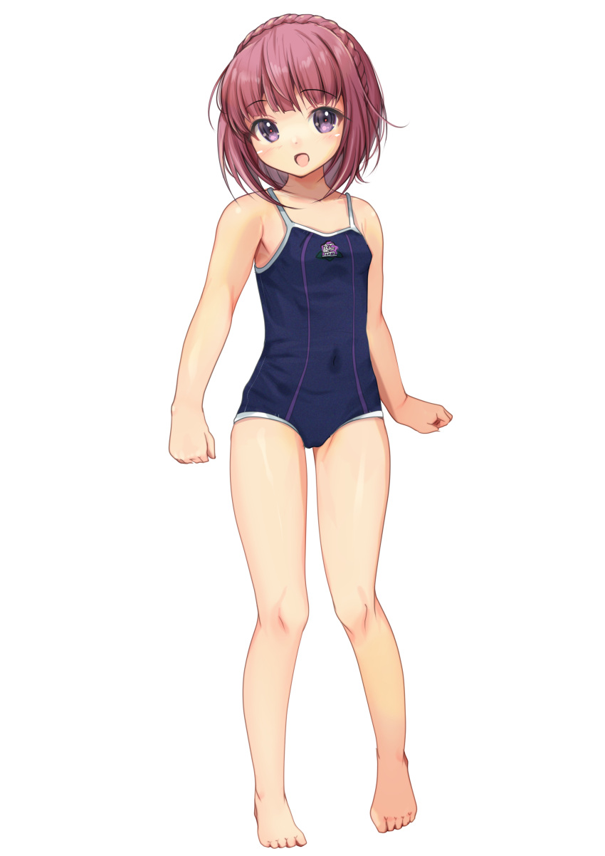 absurdres aikawa_aika alice_gear_aegis barefoot blue_one-piece_swimsuit braid breasts competition_school_swimsuit crown_braid female full_body highres looking_at_viewer one-piece_swimsuit open_mouth purple_eyes purple_hair school_swimsuit short_hair simple_background small_breasts solo standing swimsuit white_background yashin_(yasinz)