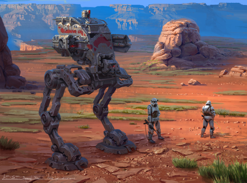 2boys at-st body_armor boots canyon clone_trooper concept_art damaged desert dirty dust energy_gun english_commentary galactic_empire galactic_republic gloves grass hand_on_own_hip helmet highres mecha michal_kus mountainous_horizon multiple_boys non-humanoid_robot original outdoors peeing realistic redesign robot rock science_fiction signature star_wars stormtrooper urine waiting walker_(robot) weapon when_you_see_it