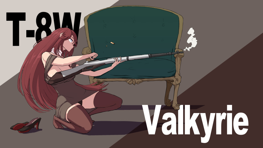 absurdres blue_eyes breasts brown_hair cleavage couch dress female guiltyrace gun high_heels highres holding holding_weapon korean_commentary last_origin long_hair official_alternate_costume panties rifle shadow shell_casing shoes thighs underwear unworn_shoes valkyrie_(last_origin) weapon