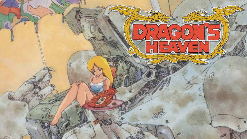 1980s_(style) aic bag bare_legs barefoot blonde_hair blue_eyes closed_mouth cockpit copyright_name crop_top cyberpunk damaged dirty dragon dragon's_heaven english_text female food hand_on_own_knee holding holding_umbrella ikuuru kobayashi_makoto_(illustrator) legs logo long_hair looking_at_viewer machinery mecha moebius_(style) official_art open_hatch parasol pilot_chair plate production_art promotional_art retro_artstyle robot scan shaian_(robot) simple_background sitting smile tank_top umbrella yellow_background