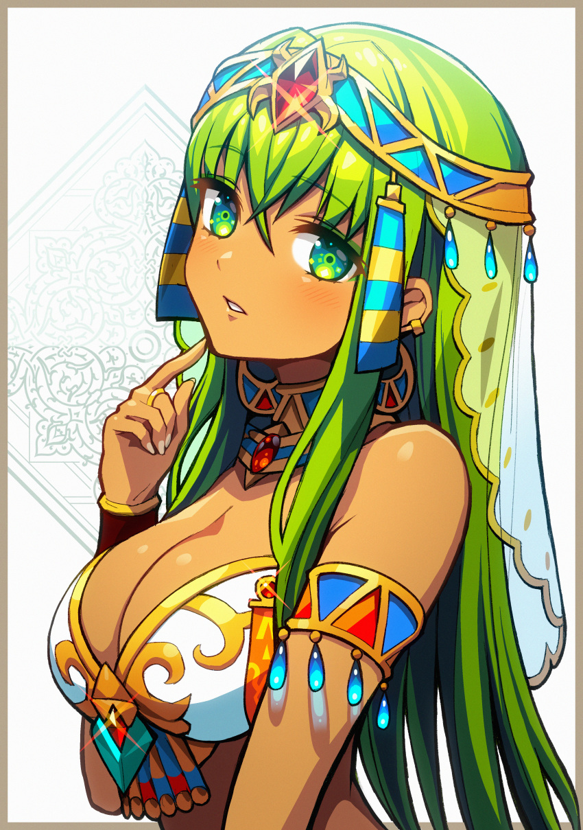 absurdres armlet bad_id bad_pixiv_id bare_shoulders blush border bracer breasts brown_border circlet cleavage collar colored_eyelashes commentary_request dark-skinned_female dark_skin earrings egyptian_clothes female finger_to_own_chin gem gibagiba glint green_eyes green_hair highres isis_(monster_strike) jewelry long_hair medium_breasts monster_strike outside_border parted_lips photoshop_(medium) red_gemstone ring see-through solo upper_body veil very_long_hair