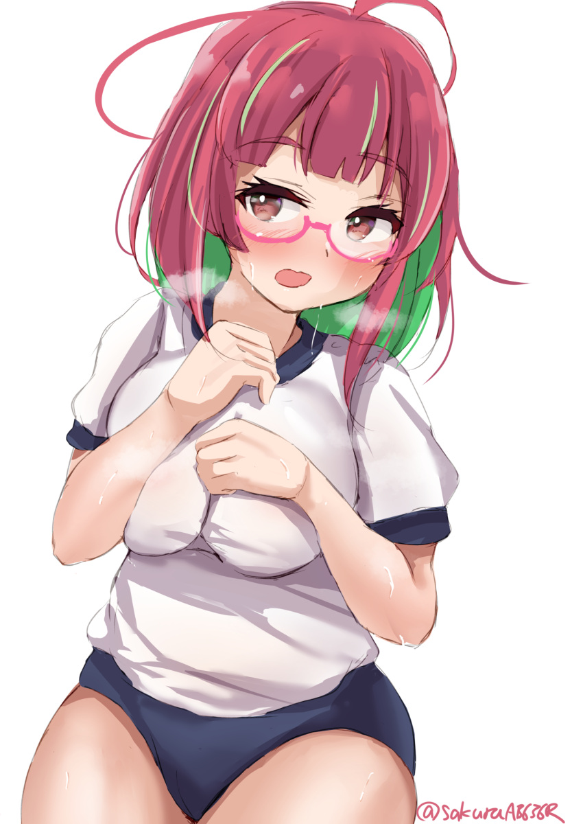 absurdres blue_buruma breasts breath buruma female glasses green_hair gym_shirt gym_uniform highres kantai_collection large_breasts multicolored_hair one-hour_drawing_challenge pink-framed_eyewear pink_hair ponytail red_eyes sakura_ab shirt short_hair short_sleeves simple_background solo streaked_hair sweat swimsuit twitter_username ume_(kancolle) white_background