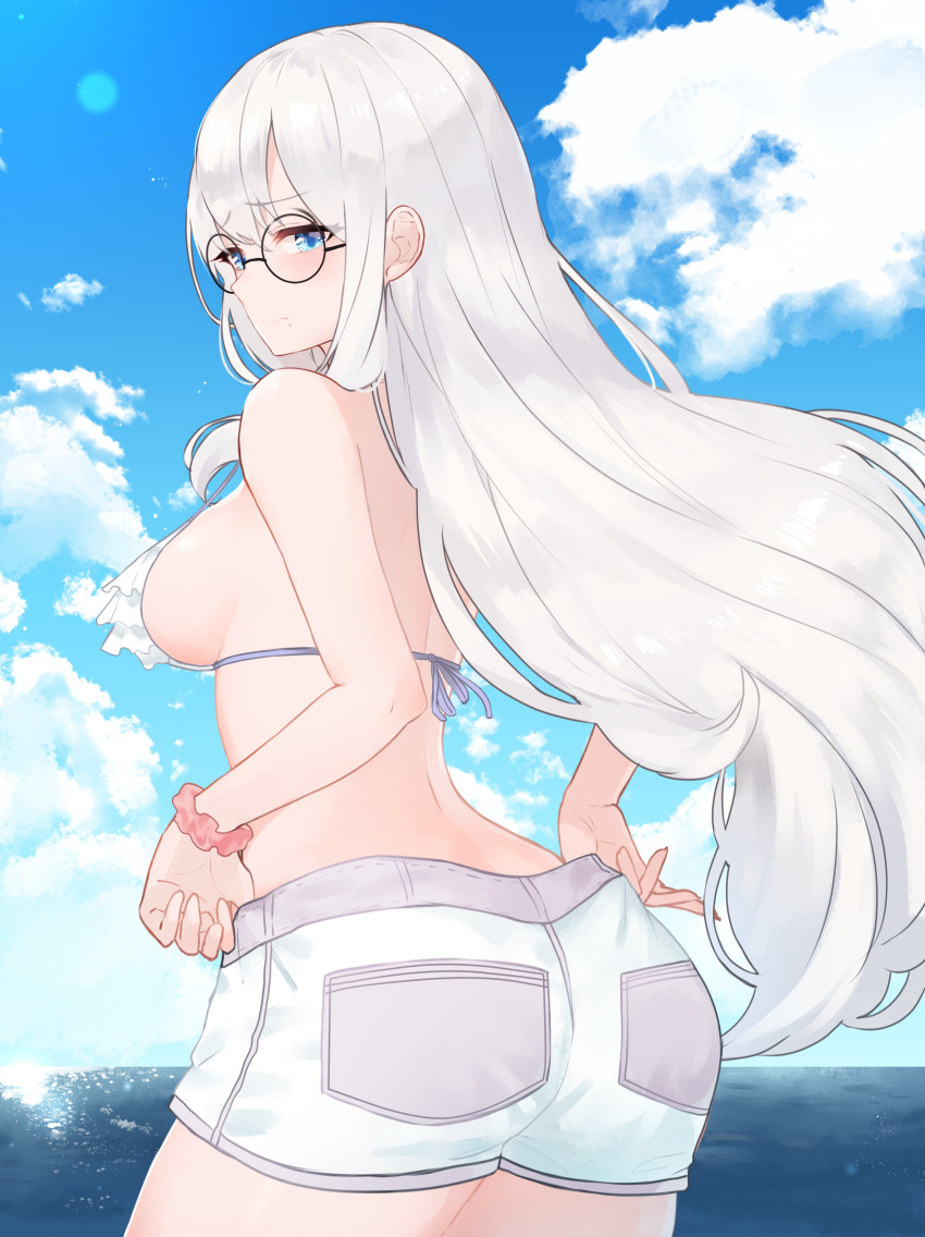 3: absurdres beach bikini blue_eyes breasts cloud cloudy_sky embarrassed female frilled_bikini frills glasses grabbing hair_behind_ear half-closed_eyes highres long_hair looking_at_viewer medium_breasts mole mole_under_mouth myndi ocean original outdoors sakotach scrunchie short_shorts shorts sideboob sky solo sunlight swimsuit wavy_hair white_hair