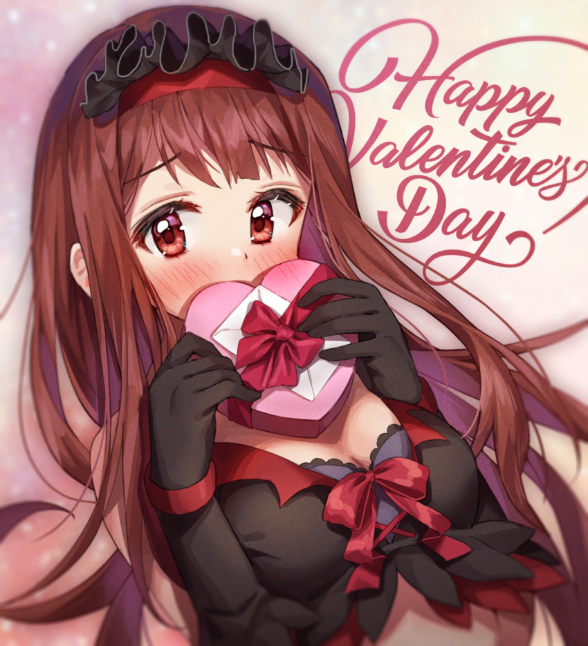 bad_id bad_pixiv_id bare_shoulders black_gloves blush box breasts brown_hair chobi_(penguin_paradise) cleavage commentary covered_mouth crop_top elbow_gloves female gift gift_box gloves hairband hands_up happy_valentine heart-shaped_box highres holding holding_gift idolmaster idolmaster_million_live! long_hair looking_at_viewer medium_breasts red_eyes red_hairband solo tanaka_kotoha upper_body very_long_hair