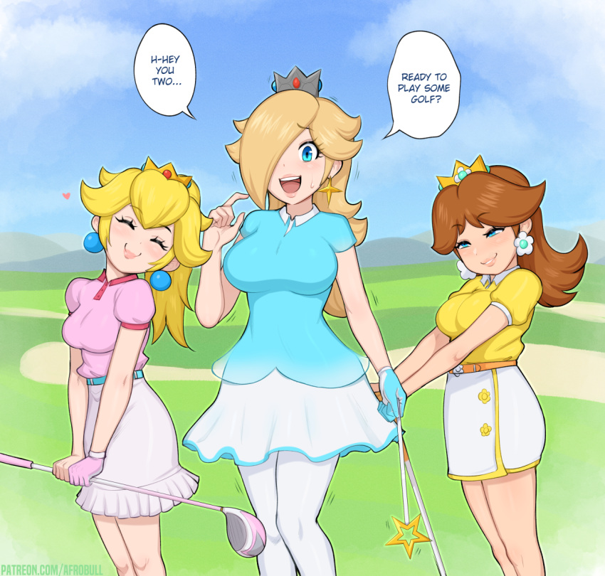 3girls afrobull alternate_breast_size blonde_hair blue_eyes breasts commentary crown dress earrings english_commentary english_text golf_daisy golf_peach golf_rosalina hair_over_one_eye high-waist_skirt highres instant_loss jewelry lips long_hair looking_at_viewer mario_(series) mario_golf mario_golf:_super_rush multiple_girls official_alternate_costume open_mouth pantyhose princess_daisy princess_peach rosalina skirt smile speech_bubble sphere_earrings star_(symbol) star_earrings white_pantyhose