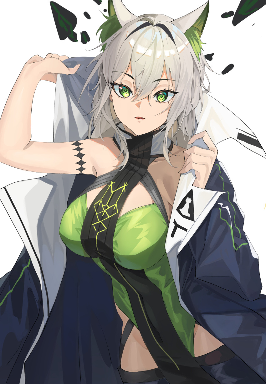 absurdres animal_ear_fluff animal_ears arknights bare_shoulders black_jacket breasts cat_ears commentary_request cowboy_shot female green_eyes grey_hair groin highres jacket kal'tsit_(arknights) kal'tsit_(remnant)_(arknights) large_breasts looking_at_viewer material_growth official_alternate_costume open_clothes open_jacket oripathy_lesion_(arknights) parted_lips short_hair simple_background solo soranoki white_background