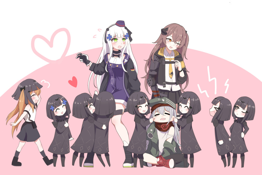 404_(girls'_frontline) 6+girls absurdres aged_down alternate_costume armband black_hair blush brown_hair cheek_pinching closed_eyes facial_mark g11_(girls'_frontline) girls'_frontline gloves green_eyes grey_hair hair_ornament heart highres hk416_(girls'_frontline) hk416_(mod3)_(girls'_frontline) indian_style jacket long_hair long_sleeves mechanical_arms multiple_girls no_legwear nyto_(girls'_frontline) nyto_larvae_(girls'_frontline) official_alternate_costume one_eye_closed open_mouth paradeus pinching pink_background scar scar_across_eye scar_on_face short_hair single_mechanical_arm sitting standing two-tone_background ump45_(girls'_frontline) ump45_(mod3)_(girls'_frontline) ump9_(girls'_frontline) ump9_(shiba_investigator)_(girls'_frontline) white_background white_hair wig wo_you_yibei_jia_wanli yellow_armband yellow_eyes