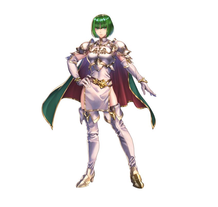 absurdres armor belt black_thighhighs boots breastplate closed_mouth commentary_request dithorba_(fire_emblem) dress elbow_gloves female fire_emblem fire_emblem:_genealogy_of_the_holy_war fire_emblem_heroes full_body gloves gold_trim green_eyes green_hair hand_on_own_hip high_heels highres looking_at_viewer official_art serious short_dress short_hair shoulder_armor simple_background sleeveless solo standing thigh_boots thighhighs thighs turtleneck white_background white_dress white_footwear white_gloves yoneko_okome zettai_ryouiki