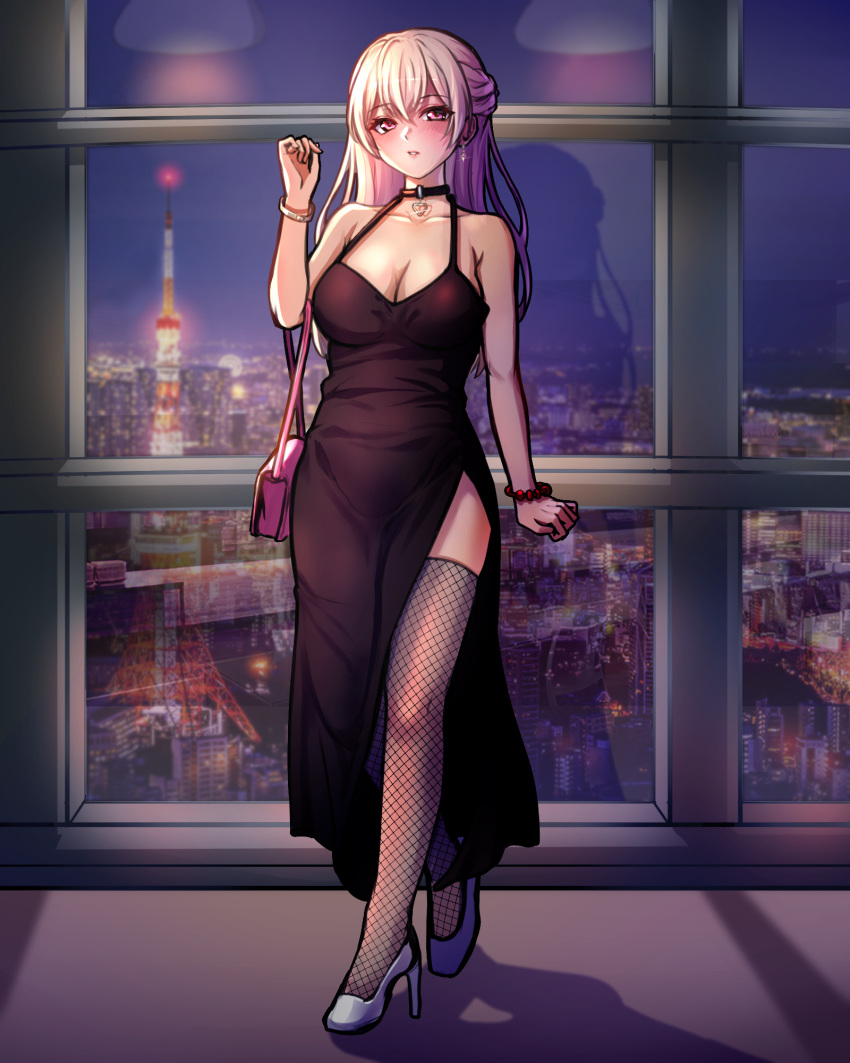 bag bang_dream! bare_shoulders bead_bracelet beads black_choker black_dress blonde_hair blush bracelet breasts building choker city city_lights cityscape cleavage cocktail_dress collarbone dress earrings evening_gown female fishnet_thighhighs fishnets full_body half_updo halter_dress halterneck handbag heart heart_choker high_heels highres indoors jewelry long_dress long_hair looking_at_viewer medium_breasts night night_sky no_bra parted_lips pink_bag ptal pumps purple_eyes shadow shirasagi_chisato side_slit sidelocks sky skyscraper sleeveless sleeveless_dress solo standing thighhighs tokyo_tower white_thighhighs window