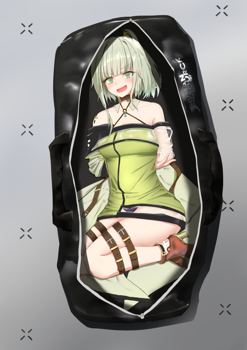 @_@ absurdres arknights arms_behind_back bag bare_legs bare_shoulders blush bondage bondage bound bound_legs brown_footwear calvaires commentary_request criss-cross_halter dress embarrassed female frogtie green_dress green_eyes grey_background grey_hair halterneck high_heels highres in_bag in_container kal'tsit_(arknights) looking_at_viewer material_growth microdress off-shoulder_dress off_shoulder open_mouth oripathy_lesion_(arknights) recruitment_bag_(arknights) short_hair solo sweat sweatdrop thighs v-shaped_eyebrows