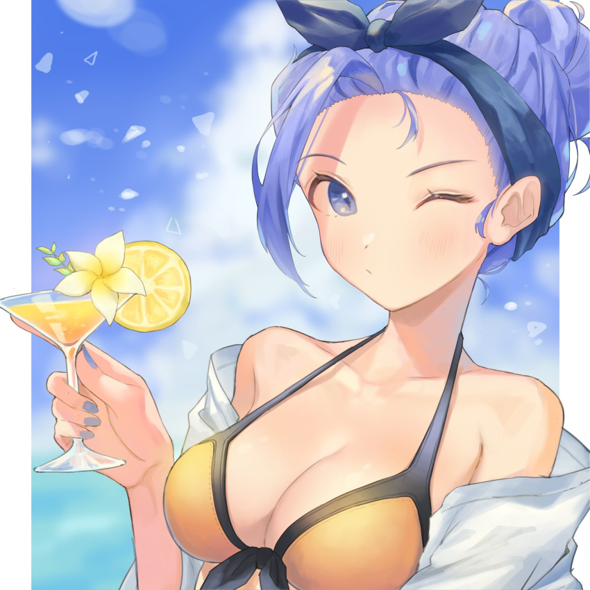 absurdres bae_minah_(chaesu) bare_shoulders bikini blue_eyes blue_hair blue_nails blush border breasts cleavage cloud cocktail_flower cup day female flower food fruit fujie-yz hair_bun highres holding holding_cup lemon lemon_slice looking_at_viewer nail_polish off_shoulder one_eye_closed original plumeria portrait single_hair_bun sky solo swimsuit tropical_drink white_flower yellow_bikini