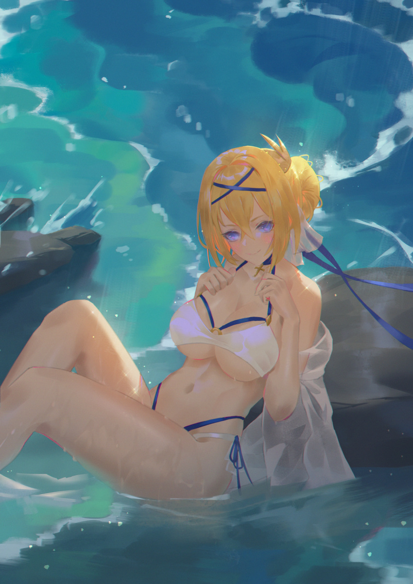 against_rock azur_lane bad_id bad_pixiv_id bare_legs bare_shoulders bikini blonde_hair blue_choker blue_eyes blue_ribbon blush breasts choker cirilla_lin cleavage closed_mouth cross cross_choker day feet_out_of_frame female hair_bun hair_ornament hands_on_own_chest highres jeanne_d'arc_(azur_lane) jeanne_d'arc_(saintess_of_the_sea)_(azur_lane) knees_up large_breasts leaning_back looking_at_viewer navel official_alternate_costume outdoors ribbon rock see-through shallow_water short_hair side-tie_bikini_bottom single_hair_bun sitting smile solo stomach swimsuit underboob v-shaped_eyebrows water white_bikini