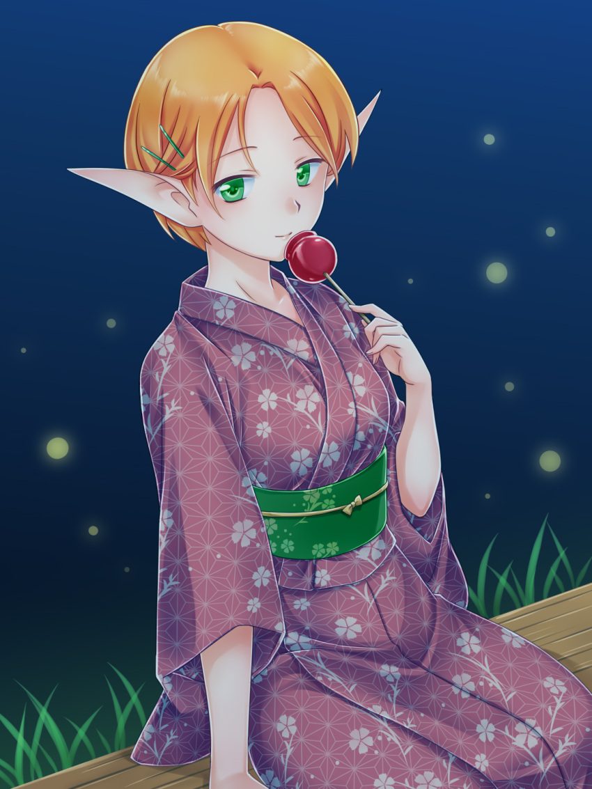 candy_apple commentary_request elf female food gensou_suikoden gensou_suikoden_iv green_eyes hair_ornament hairclip ham_pon highres japanese_clothes kimono light_blush looking_at_viewer night obi on_bench orange_hair paula_(suikoden) pointy_ears purple_kimono sash short_hair sitting solo