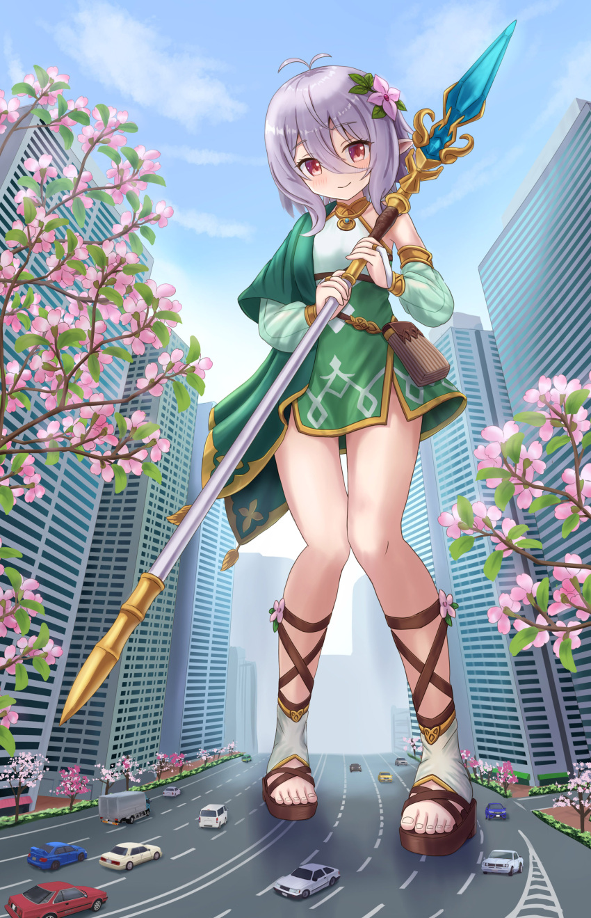 absurdres antenna_hair bare_shoulders blue_sky branch bridal_gauntlets brown_footwear building car closed_mouth cloud commentary_request day detached_sleeves dress elf female flower full_body giant giantess green_dress grey_hair hair_between_eyes highres holding holding_polearm holding_weapon iroha_(iroha_matsurika) kokkoro_(princess_connect!) long_sleeves looking_at_viewer making-of_available motor_vehicle outdoors pink_eyes pink_flower platform_footwear pointy_ears polearm princess_connect! puffy_long_sleeves puffy_sleeves see-through see-through_sleeves sky sleeveless sleeveless_dress smile socks solo spear standing toeless_legwear toes traffic truck weapon white_socks