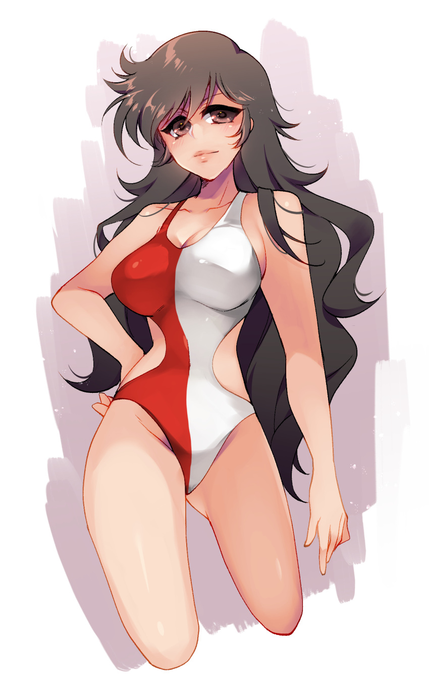 breasts brown_eyes brown_hair cleavage eyebrows_hidden_by_hair female great_mazinger hand_on_own_hip highres hip_vent honoo_jun long_hair mazinger_(series) medium_breasts one-piece_swimsuit red_one-piece_swimsuit shapiro solo swimsuit two-tone_swimsuit very_long_hair white_one-piece_swimsuit