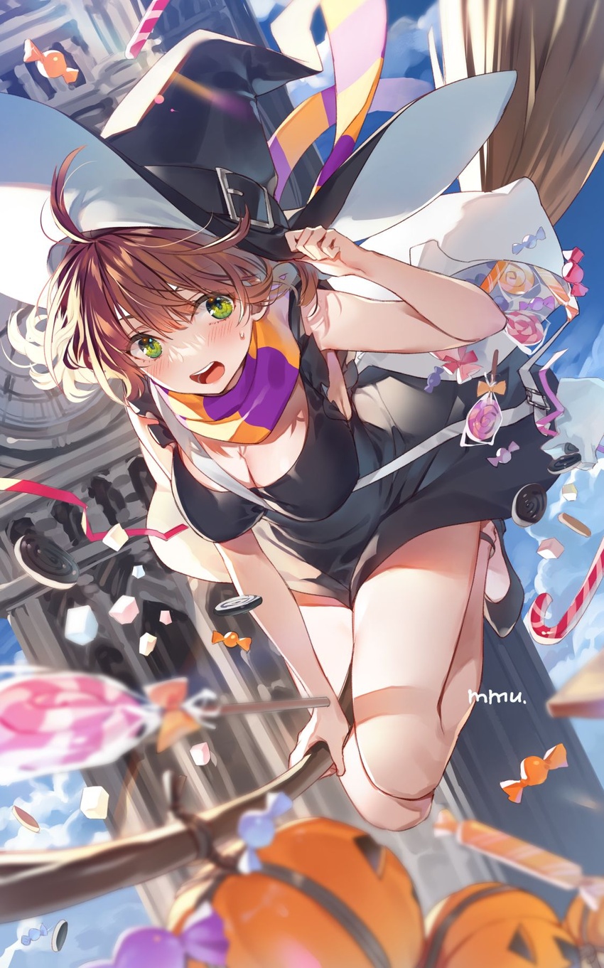 artist_name belt_buckle breasts broom broom_riding brown_hair buckle candy cleavage english_text female food green_eyes hat highres lollipop midair mmu open_mouth original sweatdrop swirl_lollipop teeth upper_teeth_only witch witch_hat