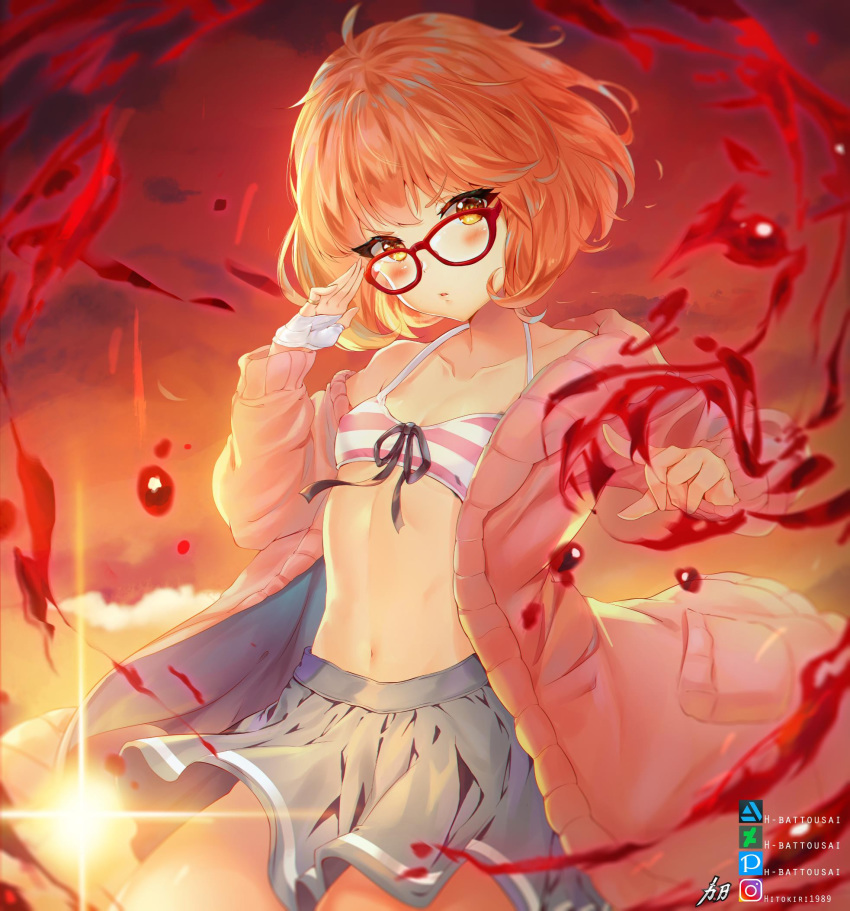 bare_shoulders blood blush bob_cut bra breasts brown_eyes brown_hair cardigan collarbone deviantart_logo deviantart_username female glasses grey_skirt hemokinesis highres hitokiri_battousai instagram_logo instagram_username kuriyama_mirai kyoukai_no_kanata looking_at_viewer md5_mismatch navel off_shoulder pink_bra pixiv_logo pixiv_username pleated_skirt red-framed_eyewear short_hair skirt small_breasts solo striped_bra striped_clothes sunset two-tone_bra underwear v-shaped_eyebrows white_bra