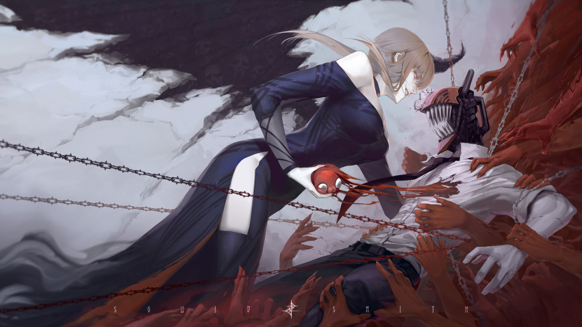 1boy bare_shoulders black_dress black_legwear blonde_hair breasts broken chains chainsaw_man chinese_commentary cleavage denji_(chainsaw_man) dress female grin highres horns long_hair makima_(chainsaw_man) necktie open_mouth orange_eyes pochita_(chainsaw_man) sharp_teeth single_horn smile squidsmith teeth thighhighs