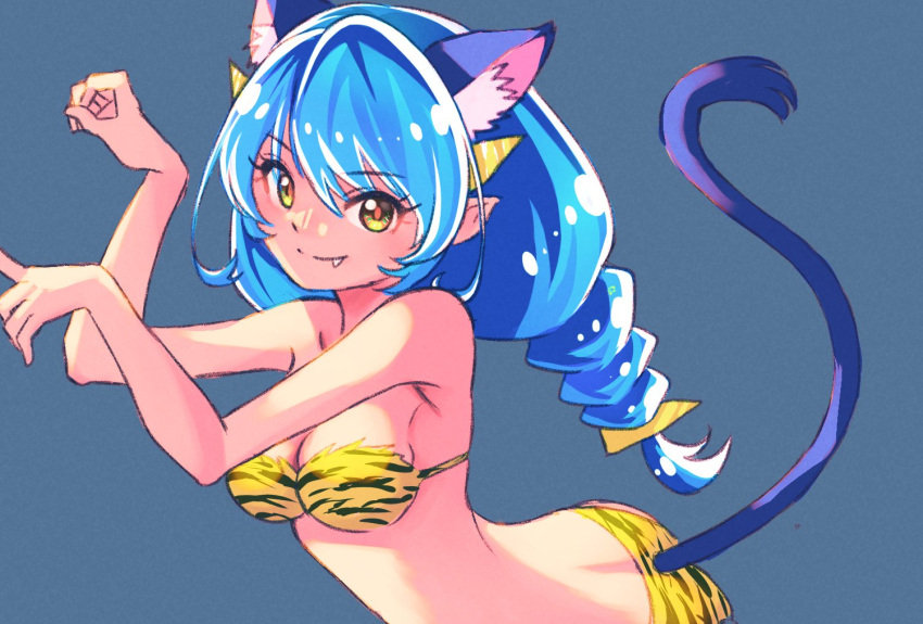 animal_ears animal_print bikini blue_hair braid breasts cat_ears cat_girl cat_tail closed_mouth commentary cosplay extra_ears female fur_bikini grey_background hair_tie jj_(ssspulse) leaning_forward long_hair looking_at_viewer low_twin_braids lum lum_(cosplay) medium_breasts oerba_yun_fang paw_pose pointy_ears precure print_bikini simple_background smile standing star_twinkle_precure strapless strapless_bikini swimsuit tail tiger_print twin_braids uesaka_sumire urusei_yatsura voice_actor_connection yellow_bikini yuni_(precure)