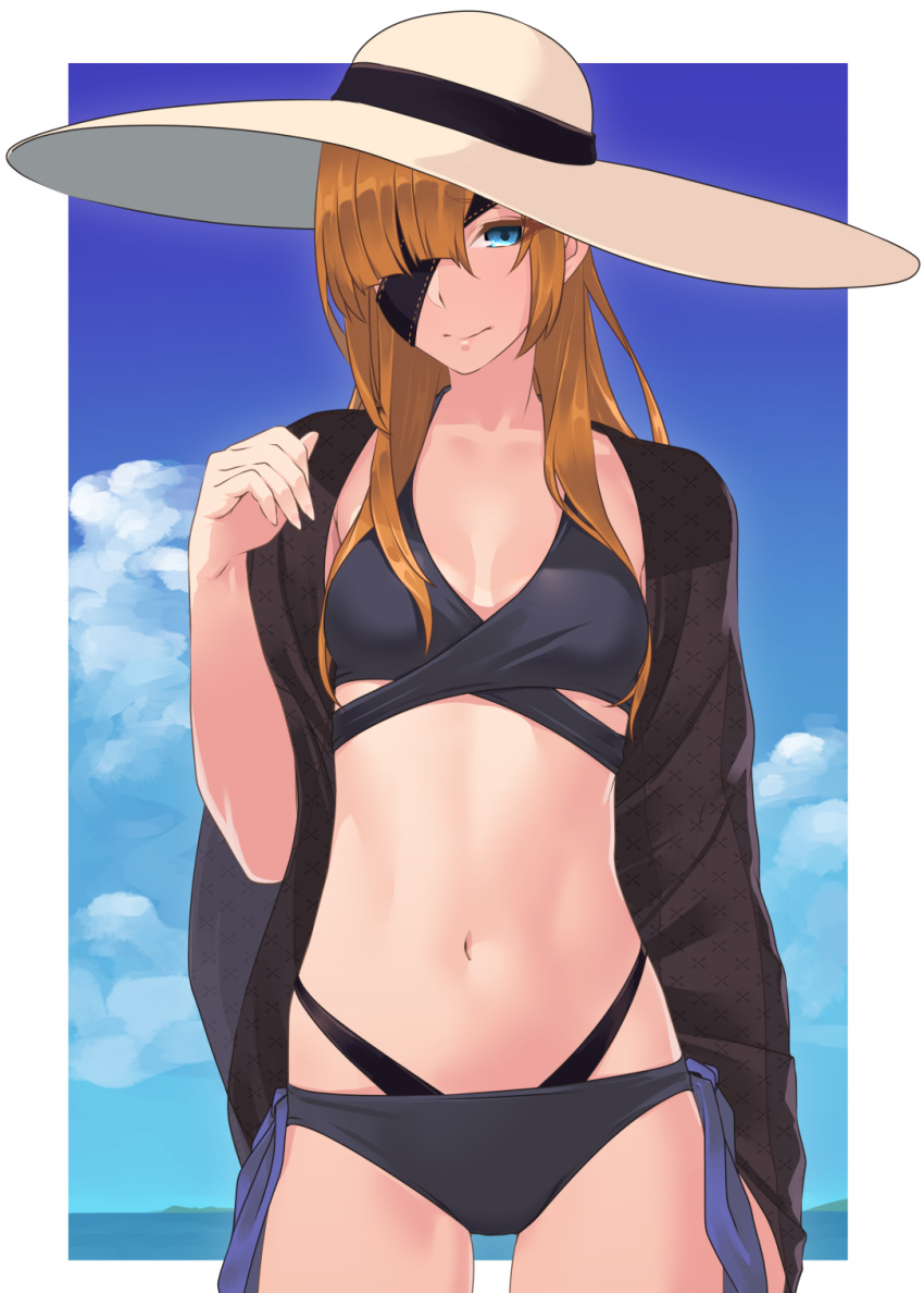 bare_shoulders bikini black_bikini blue_eyes blue_sky breasts brown_hair clip_studio_paint_(medium) collarbone eyepatch fate/grand_order fate_(series) female hair_over_one_eye hat highleg highleg_bikini highres hikichi_sakuya long_hair looking_at_viewer multi-strapped_bikini navel ophelia_phamrsolone shawl sidelocks sky small_breasts solo sun_hat swimsuit