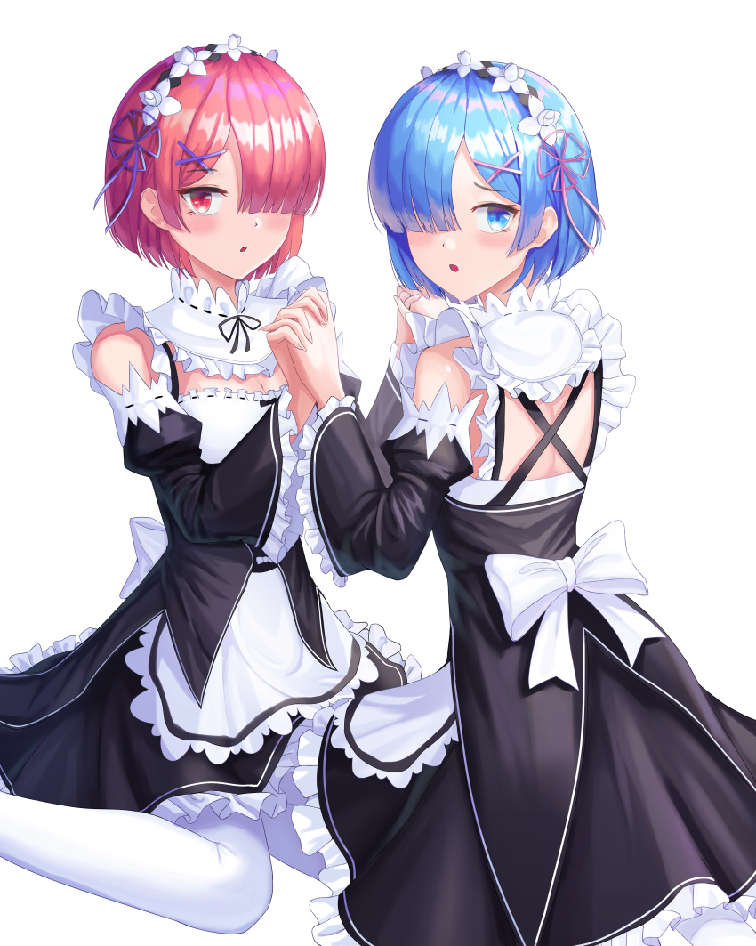 2girls :o absurdres apron bare_shoulders black_dress black_ribbon blue_eyes blue_hair blush breasts cleavage commentary detached_sleeves dress frilled_dress frills hair_ornament hair_over_one_eye hair_ribbon highres holding_hands interlocked_fingers long_sleeves looking_at_viewer looking_back maid maid_headdress medium_breasts multiple_girls open_mouth pantyhose pink_eyes pink_hair progameer789 ram_(re:zero) re:zero_kara_hajimeru_isekai_seikatsu red_eyes rem_(re:zero) ribbon ribbon-trimmed_sleeves ribbon_trim roswaal_mansion_maid_uniform short_hair siblings simple_background sisters smile striped twins white_background white_legwear x_hair_ornament