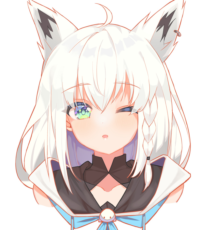 absurdres ahoge animal_ear_fluff animal_ears bad_id bad_pixiv_id blue_neckerchief braid commentary earrings female fox_ears fox_girl green_eyes hair_between_eyes highres hololive hood hoodie jewelry long_hair looking_at_viewer mikaduki_3636 neckerchief one_eye_closed open_mouth shirakami_fubuki shirakami_fubuki_(1st_costume) sidelocks simple_background single_braid solo virtual_youtuber white_background white_hair white_hoodie