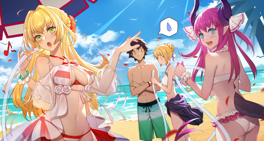 1boy 3girls ahoge artoria_pendragon_(fate) artoria_pendragon_(swimsuit_archer)_(fate) beach beach_umbrella bead_bracelet beads bikini bird black_hair blonde_hair blue_eyes blue_jacket blue_sky blush bracelet braid breasts bubble1995 chinese_commentary closed_mouth clothes_around_waist commentary criss-cross_halter crossed_arms day dragon_girl dragon_horns dragon_tail earrings eighth_note elizabeth_bathory_(beach_bloody_demoness)_(fate) elizabeth_bathory_(fate) fate/grand_order fate_(series) flower french_braid frilled_bikini frills fujimaru_ritsuka_(male) fujimaru_ritsuka_(male)_(brilliant_summer) green_eyes green_shorts hair_flower hair_intakes hair_ornament hair_ribbon halterneck hands_up highres holding holding_hose horns hose jacket jacket_around_waist jewelry long_hair looking_afar looking_at_another medium_breasts multiple_girls musical_note navel nero_claudius_(fate) nero_claudius_(swimsuit_caster)_(fate) nero_claudius_(swimsuit_caster)_(third_ascension)_(fate) no_mouth oerba_yun_fang open_mouth outdoors petals pink_hair pointy_ears purple_horns red_bikini red_flower ribbon sand scrunchie see-through see-through_sleeves short_hair shorts side-tie_bikini_bottom sidelocks skin_fang sky sling_bikini_top small_breasts striped_bikini striped_clothes sweatdrop swimsuit tail teeth thought_bubble tree two-tone_bikini two_side_up umbrella upper_teeth_only water white_bikini white_flower white_ribbon white_scrunchie wrist_scrunchie |_|