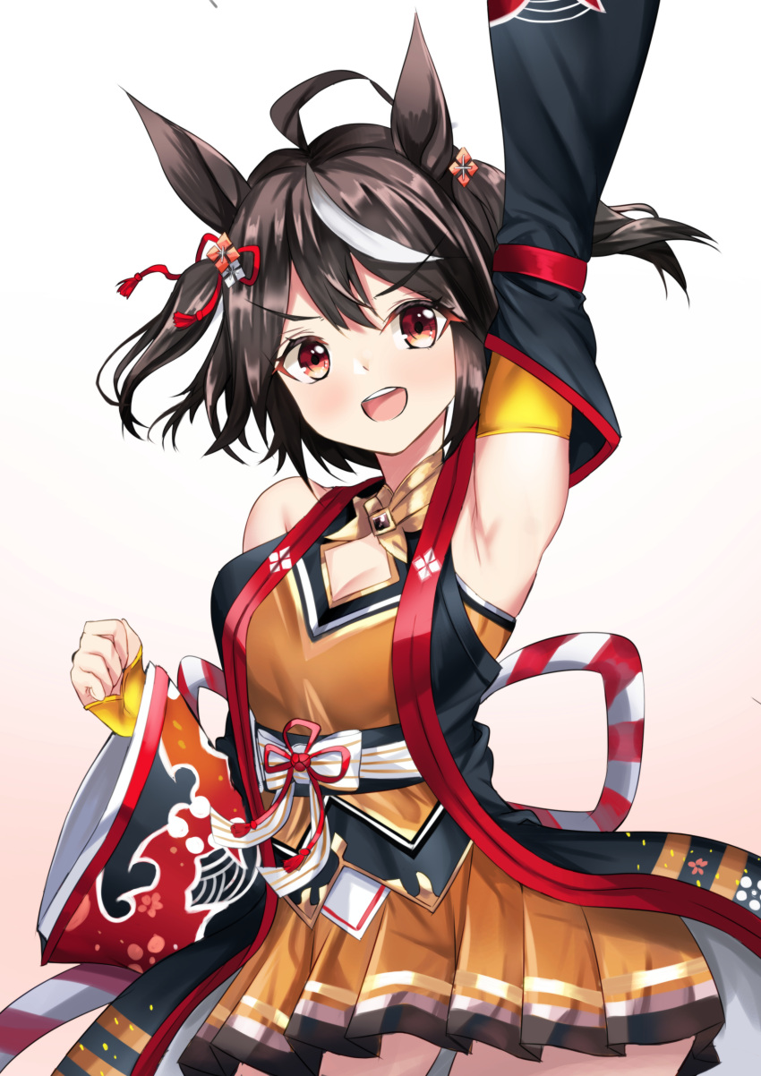 :d absurdres ahoge animal_ears arm_up armpits bare_shoulders black_sleeves breasts brown_background brown_skirt cleavage commentary_request detached_sleeves female gradient_background highres horse_ears kitasan_black_(umamusume) kouhaku_nawa long_sleeves looking_at_viewer medium_breasts multicolored_hair pleated_skirt red_eyes rope setu_(shining12) shimenawa skirt smile solo streaked_hair teeth two_side_up umamusume upper_teeth_only v-shaped_eyebrows white_background white_hair wide_sleeves