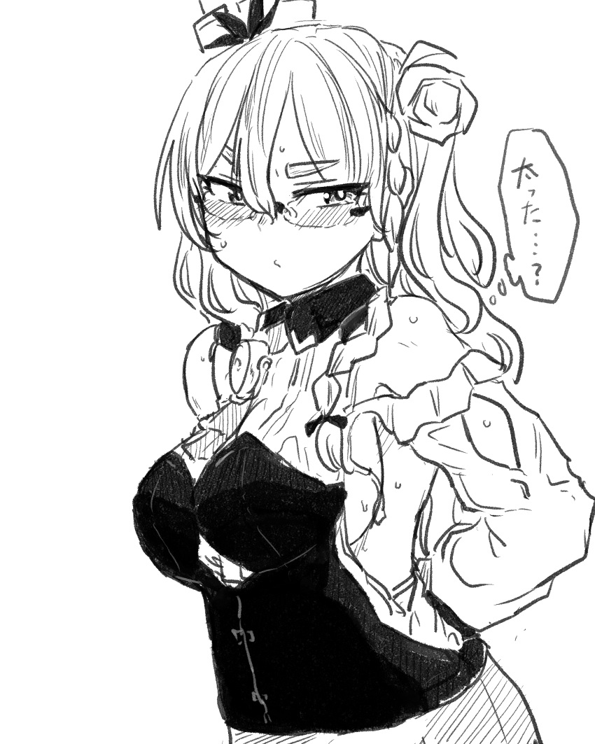 absurdres arms_behind_back ascot bare_shoulders blush braid breasts closed_mouth collared_shirt commentary corset female frills glasses greyscale hair_between_eyes hair_ornament hair_over_shoulder hair_ribbon half-closed_eyes hat highres kantai_collection long_hair long_sleeves mini_hat monochrome nervous_sweating poyo_(hellmayuge) ribbon rimless_eyewear shirt side_braid sideboob simple_background skirt solo sweat thick_eyebrows thought_bubble tilted_headwear translated upper_body wavy_hair white_background zara_(kancolle) zara_due_(kancolle)