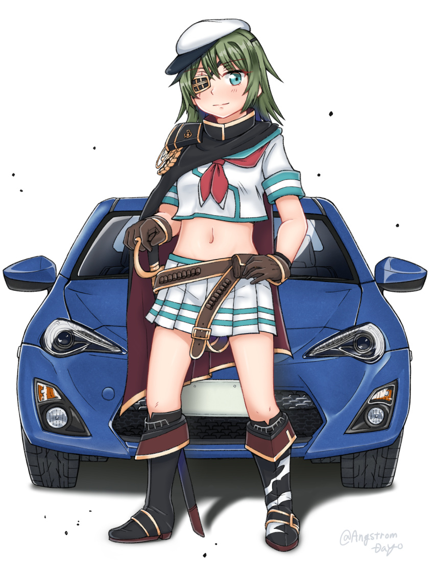 armor asymmetrical_footwear black_footwear black_gloves blue_eyes boots cape car commission cutlass eyepatch female full_body gloves green_hair hat highres kantai_collection kiso_(kancolle) kiso_kai_ni_(kancolle) looking_at_viewer midriff mismatched_footwear motor_vehicle neckerchief onguuchi pauldrons pleated_skirt red_neckerchief sailor_hat school_uniform serafuku short_hair shoulder_armor simple_background single_pauldron skeb_commission skirt solo sports_car standing toyota_86 white_background white_hat white_skirt