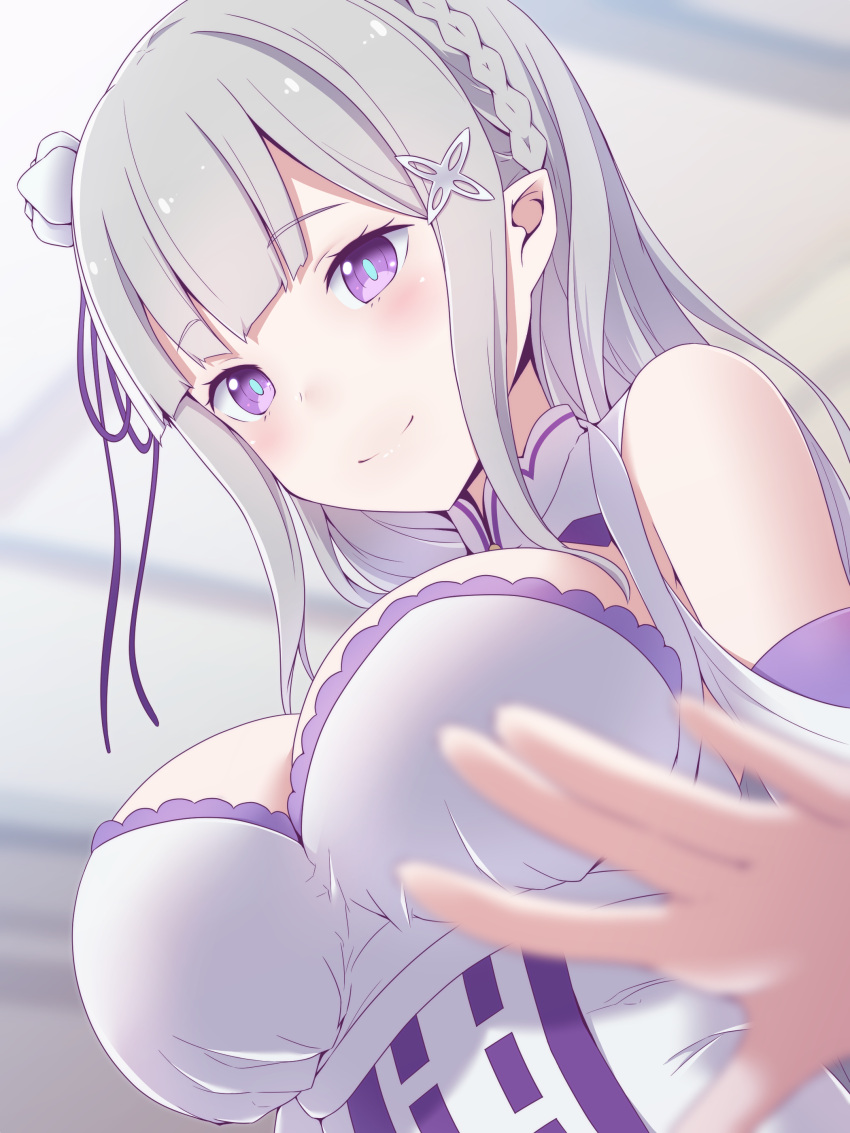 absurdres bare_shoulders blunt_bangs blurry blurry_background blush braid breasts commentary_request crown_braid detached_sleeves dress emilia_(re:zero) female flower grey_hair hair_flower hair_ornament hair_ribbon highres indoors koumei_(twinameless) long_hair looking_at_viewer medium_breasts pointy_ears purple_eyes purple_ribbon re:zero_kara_hajimeru_isekai_seikatsu ribbon rose sidelocks smile solo white_dress white_flower white_rose x_hair_ornament