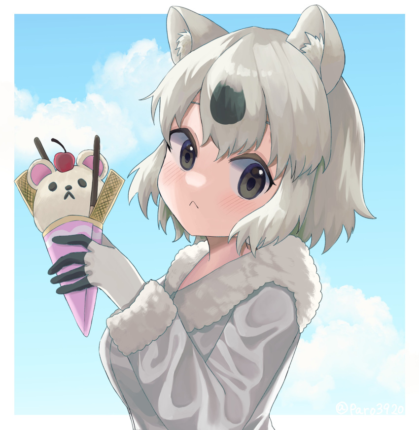 :< absurdres animal_ears bear_ears bear_girl black_gloves black_hair blush brown_eyes coat female food fur_coat fur_collar gloves highres ice_cream ice_cream_cone kemono_friends kemono_friends_3 looking_at_viewer multicolored_hair paro3920 polar_bear_(kemono_friends) short_hair solo two-tone_gloves two-tone_hair white_fur white_gloves white_hair winter_clothes winter_coat