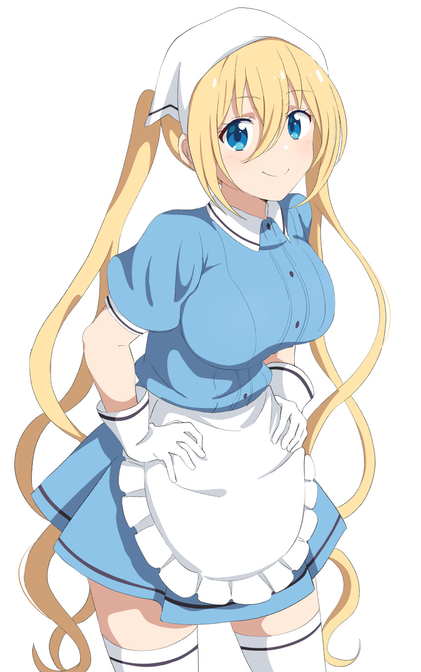 absurdres apron blend_s blonde_hair blue_eyes blue_shirt breasts commentary_request crust_gm0 female frilled_apron frills gloves hair_between_eyes head_scarf highres hinata_kaho large_breasts long_hair looking_at_viewer shirt short_sleeves simple_background smile solo stile_uniform thighhighs twintails waist_apron waitress white_apron white_background white_gloves white_thighhighs