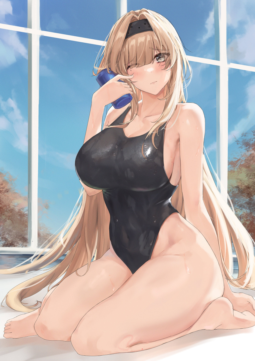 absurdres aoi_13 arm_at_side bare_legs bianca_(punishing:_gray_raven) black_one-piece_swimsuit blonde_hair blue_sky blunt_bangs blush breasts cleavage closed_mouth cloud collarbone day english_commentary eyes_visible_through_hair female hair_intakes hairband highres indoors large_breasts long_hair mole mole_under_eye one-piece_swimsuit one_eye_closed punishing:_gray_raven sidelocks sitting sky swimsuit very_long_hair wariza wet wet_clothes wet_swimsuit window