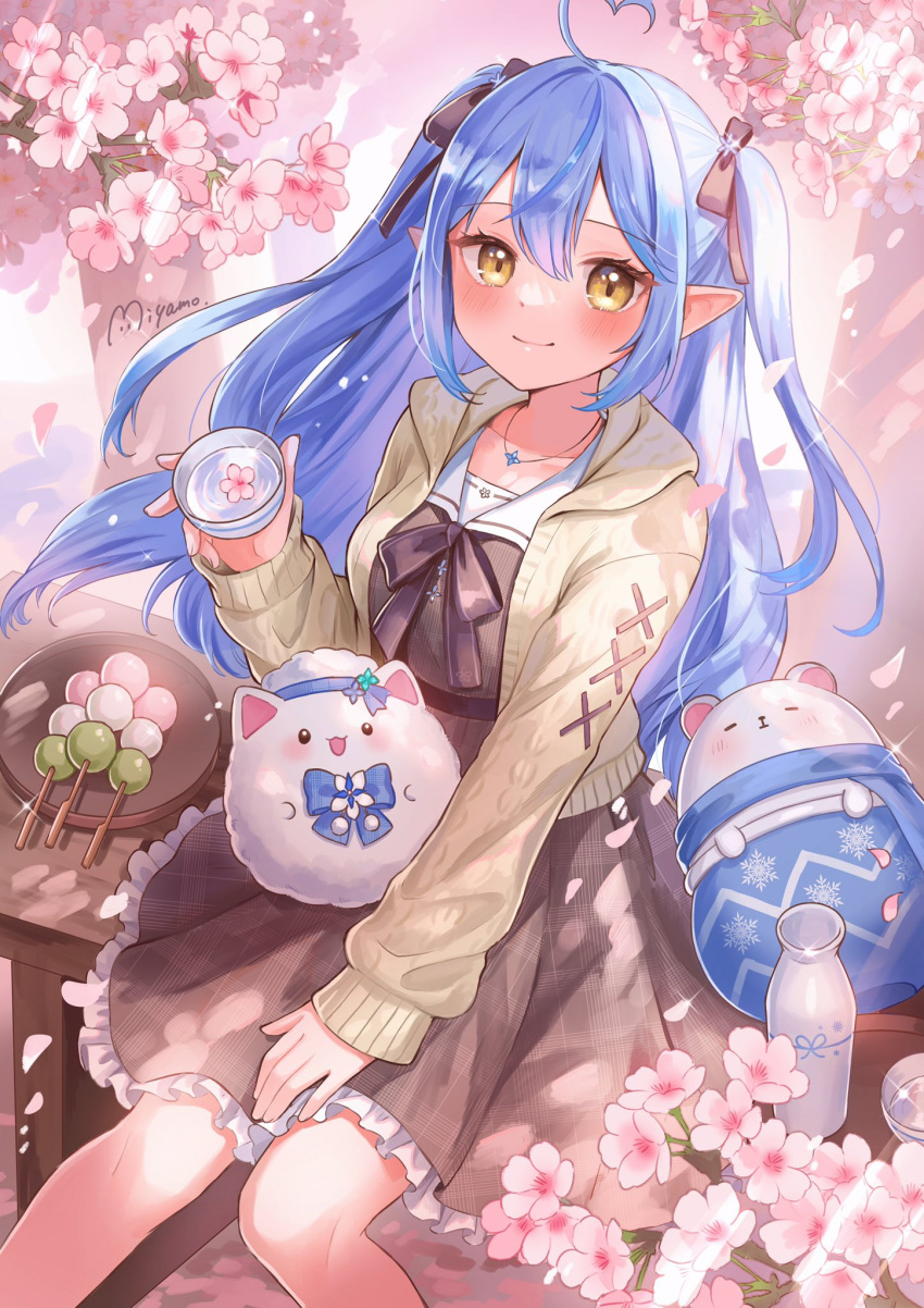 ahoge black_bow black_bowtie black_ribbon blue_hair blush bow bowtie brown_dress cardigan cherry_blossoms closed_mouth cup daifuku_(yukihana_lamy) dango dress elf female food hair_between_eyes hair_ribbon hanami heart heart_ahoge highres hololive long_hair miyamo_(fumifumi_no_ura) multicolored_hair official_alternate_costume official_alternate_hairstyle on_bench outdoors petals plaid plaid_dress pointy_ears ribbon sailor_collar sailor_dress sakazuki sanshoku_dango short_dress sitting smile solo_focus spring_(season) streaked_hair tokkuri two_side_up virtual_youtuber wagashi white_sailor_collar yellow_cardigan yellow_eyes yukihana_lamy yukihana_lamy_(casual) yukimin_(yukihana_lamy)