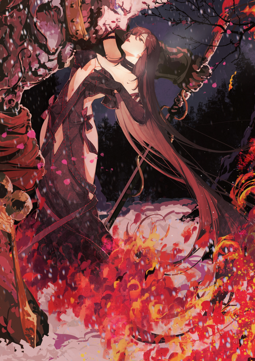 1boy absurdres arm_up black_dress black_gloves branch breasts brown_eyes brown_hair chinese_commentary commentary crying crying_with_eyes_open dress earrings elbow_gloves fate/grand_order fate_(series) female flower gloves highres holding holding_sword holding_weapon jewelry katana long_hair looking_at_another medium_breasts open_mouth outdoors petals qiuyun62303677 red_flower red_lips sleeveless sleeveless_dress swept_bangs sword tears teeth upper_teeth_only very_long_hair weapon xiang_yu_(fate) yu_mei-ren_(fate)