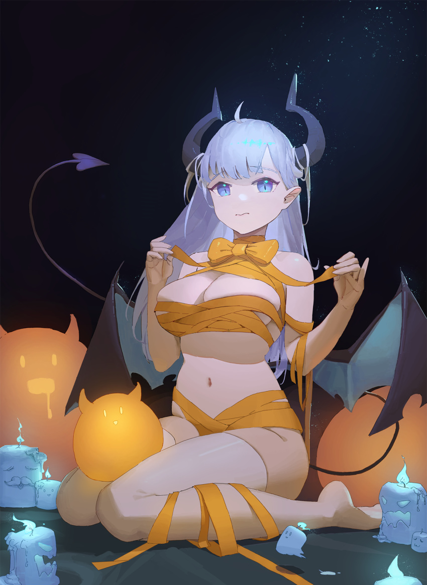 ahoge bare_shoulders blue_eyes borrowed_character bow breasts cleavage demon_horns demon_tail demon_wings female frown hair_on_horn hands_up highres horns large_breasts long_hair looking_at_viewer midriff naked_ribbon navel original ribbon rikuhito_juusan sitting slit_pupils solo tail thea_(nekojira) thighhighs thighs wariza white_hair white_thighhighs wings yellow_ribbon