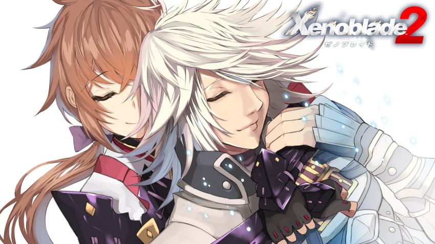 1boy brown_hair closed_eyes copyright_name female fingerless_gloves gloves hug hug_from_behind jin_(xenoblade) lora_(xenoblade) low_ponytail smile white_background white_hair xenoblade_chronicles_(series) xenoblade_chronicles_2 xenoblade_chronicles_2:_torna_-_the_golden_country yappen