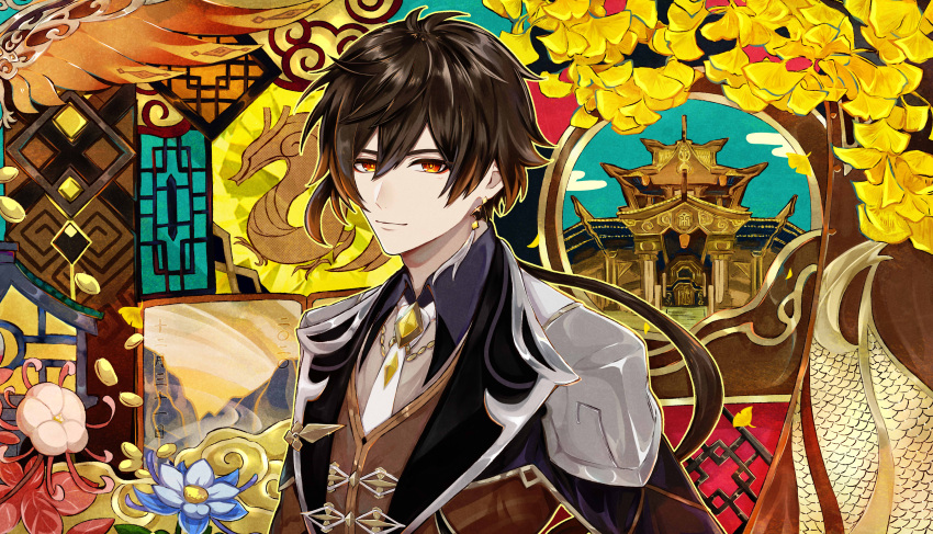 1boy absurdres black_hair blue_flower brown_hair building chinese_text closed_mouth collared_shirt dragon_print earrings flower formal genshin_impact ginkgo_leaf gradient_hair hair_between_eyes highres jacket jewelry leaf long_hair looking_at_viewer male_focus multicolored_hair necktie ponytail rvve shirt single_earring smile solo stele suit tassel tassel_earrings translated white_flower wings yellow_eyes zhongli_(genshin_impact)