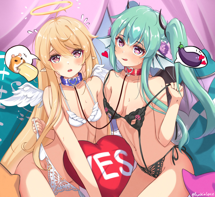 2girls absurdres ahoge alternate_hairstyle angel_wings artist_name banana bare_shoulders black_panties blonde_hair blue_collar blush bra bra_pull c_turtle clothes_lift clothes_pull collar collarbone commentary curtains cushion demon_horns demon_wings eggplant english_commentary excited finana_ryugu fins fish_girl flower flying_sweatdrops food fruit green_eyes green_hair groin hair_flower hair_ornament hairband halo hamster head_fins heart heart-shaped_pupils highres horns lifting_another's_clothes lingerie linked_collar long_hair looking_at_viewer midriff multiple_girls navel nervous nijisanji nijisanji_en nipple_cutout nippleless_clothes open_mouth panties panty_lift pointy_ears pomu_rainpuff purple_curtains purple_eyes purple_flower red_collar red_eyes speech_bubble stomach sweat symbol-shaped_pupils tongue tongue_out twintails underwear very_long_hair virtual_youtuber wavy_hair white_panties wings yes yes-no_pillow