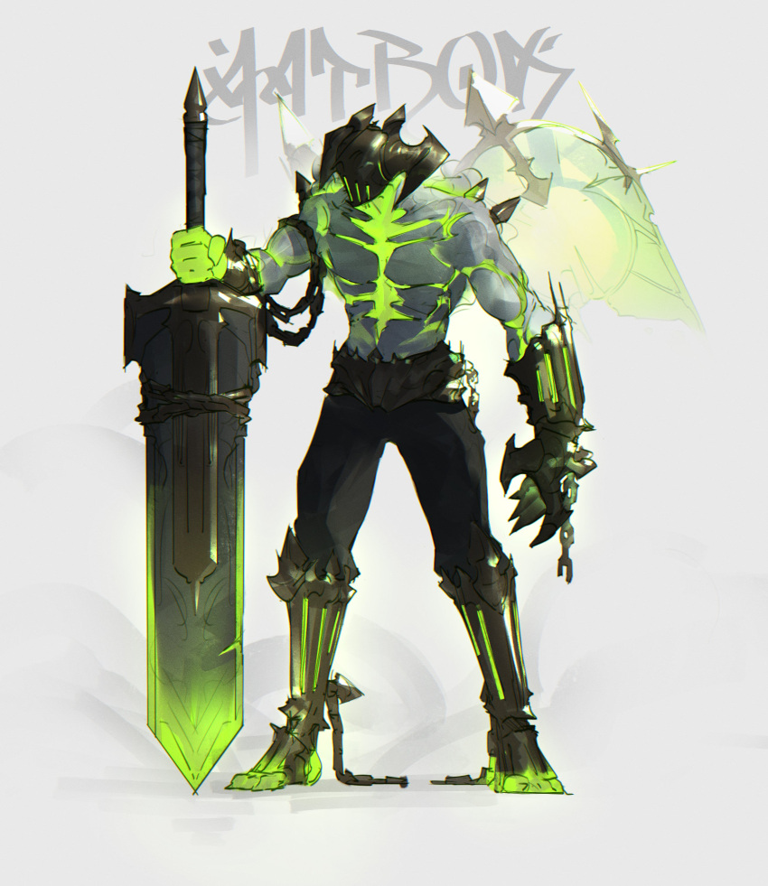 1boy aatrox absurdres armored_boots belt black_pants boots chains character_name colored_skin english_commentary facing_to_the_side fake_horns full_body funky_pepe gauntlets glowing green_skin grey_background helm helmet highres holding holding_sword holding_weapon horned_helmet horns huge_weapon knee_boots league_of_legends pants solo standing sword topless_male weapon wings