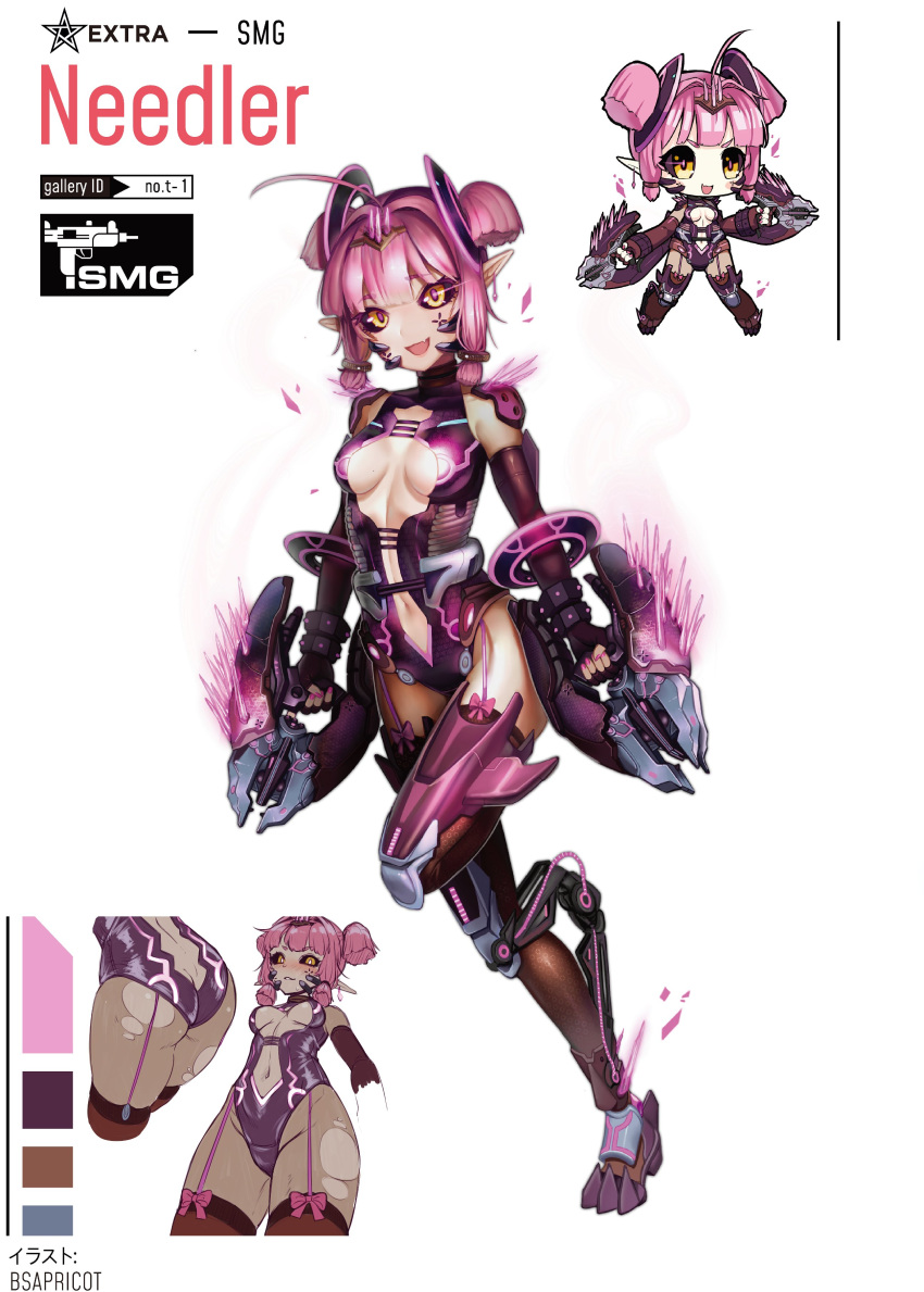 absurdres ahoge ass black_sclera blunt_bangs blunt_ends blush breasts bsapricot chibi cleavage collarbone color_guide colored_sclera commentary earrings elbow_gloves english_commentary english_text female fingerless_gloves full_body girls'_frontline gloves gun hair_between_eyes halo_(series) highres holding holding_gun holding_weapon jewelry leotard looking_at_viewer multiple_views nail_polish navel needler needler_(halo)_(bsapricot) oerba_yun_fang open_mouth original personification pink_hair pointy_ears prosthesis prosthetic_leg saru_(style) short_hair simple_background sleeveless small_breasts standing thighhighs torn_clothes twintails weapon white_background yellow_eyes