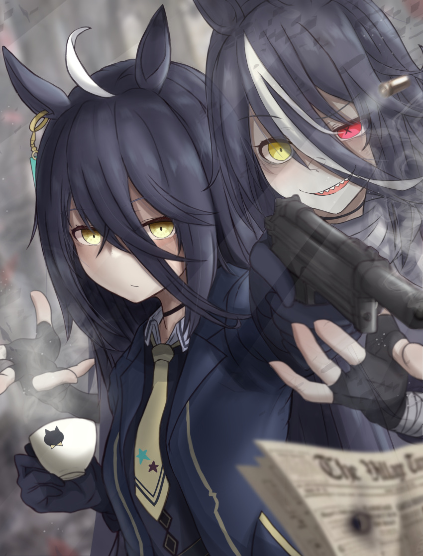 2girls absurdres ahoge animal_ears animal_print beretta_93r black_shirt blue_coat blurry blurry_foreground casing_ejection cat_print chevron_(symbol) coat collared_shirt commentary_request cup earrings english_commentary eyes_visible_through_hair fingerless_gloves firing genderswap_(mtf) ghost gloves gun hair_between_eyes handgun heterochromia highres holding holding_cup holding_gun holding_weapon horse_ears horse_girl jewelry lapels leogust long_bangs manhattan_cafe_(umamusume) mixed-language_commentary multicolored_hair multiple_girls necktie newspaper notched_lapels open_clothes open_coat open_mouth original partial_commentary personification print_cup print_necktie red_eyes rule_63 sharp_teeth shell_casing shirt single_earring smoke smoking_barrel sound_effects star_(symbol) star_print streaked_hair sunday_silence_(racehorse) teacup teeth translucent two-tone_hair umamusume upper_body upper_teeth_only weapon white_hair yellow_eyes yellow_necktie