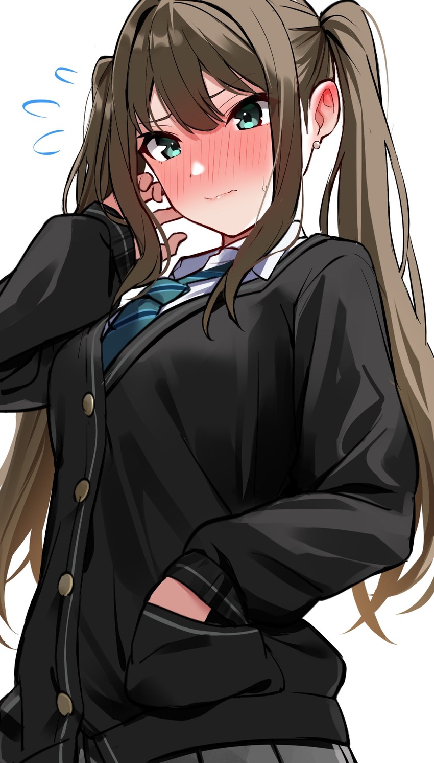 alternate_hairstyle aqua_eyes black_cardigan blue_necktie blush breasts brown_hair cardigan closed_mouth collared_shirt commentary_request diagonal-striped_clothes diagonal-striped_necktie ear_blush earrings embarrassed female flying_sweatdrops grey_skirt hair_between_eyes hand_in_pocket highres idolmaster idolmaster_cinderella_girls jewelry long_hair long_sleeves medium_breasts necktie pleated_skirt school_uniform shibuya_rin shirt sidelocks skirt solo striped_clothes sweat totoki86 twintails upper_body wavy_mouth white_background white_shirt