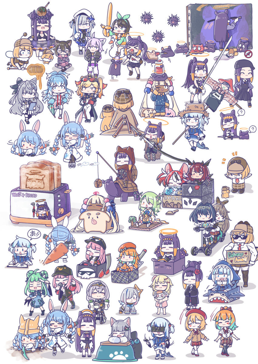 6+girls ? ahoge amane_kanata animal animal_ears antlers armor arthropod_girl balloon_animal barbell bee_girl bento beret black_hair black_headwear blonde_hair bloop_(gawr_gura) blue_eyes blue_hair book boots braid bread bread_slice brown_cape brown_footwear brown_headwear bubba_(watson_amelia) buffson canine cape cardboard carrot carrot_on_stick ceres_fauna character_request chewing_gum colored_tips crowbar dark-skinned_female dark_skin deer_antlers don-chan_(usada_pekora) double_bun dress elden_ring eyewear_on_head food gawr_gura gawr_gura_(1st_costume) go-kart green_hair grey_hair grill hair_bun hair_intakes hair_ornament hakos_baelz halo hat head-mounted_display helmet highres holding hololive hololive_english hololive_indonesia honey honey_dipper horns indie_virtual_youtuber irys_(hololive) jam jar kaela_kovalskia kaela_kovalskia_(1st_costume) kaniko_(tsukumo_sana) kirby kirby_(series) knife kobo_kanaeru kobo_kanaeru_(1st_costume) kotatsu kotori_(takanashi_kiara) kureiji_ollie long_hair low_wings minato_aqua monja_(monja0521) mori_calliope mouse_ears mouth_hold multicolored_hair multiple_girls nachoneko nanashi_mumei nekomata_okayu ninomae_ina'nis ninomae_ina'nis_(1st_costume) ninomae_ina'nis_(casual) ninomae_ina'nis_(new_year) notice_lines official_alternate_costume oozora_subaru open_mouth orange_hair ouro_kronii ouro_kronii_(1st_costume) painting_(action) painting_(object) pajamas pickaxe pink_hair purple_hair red_hair red_headwear riding riding_animal roboco-san sanallite_(tsukumo_sana) scabbard scarecrow school_uniform sea_urchin serafuku shadow shark_hair_ornament sheath shirogane_noel short_hair short_twintails simple_background single_hair_bun smile smol_ame speech_bubble spoken_question_mark star_halo straw_hat streaked_hair subaru_duck sunglasses sword table takanashi_kiara takodachi_(ninomae_ina'nis) thick_eyebrows tiara toast toaster tree tsukumo_sana turtle twin_braids twintails uruha_rushia usada_pekora usada_pekora_(1st_costume) usaslug_(tsukumo_sana) vestia_zeta virtual_youtuber watson_amelia weapon white_background white_dress wings writing