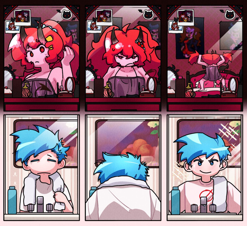 blue_hair boyfriend_(friday_night_funkin) breasts daddy_dearest female friday_night_funkin girlfriend_(friday_night_funkin) horns male mirror mommy_mearest nightgown sfw tail towel