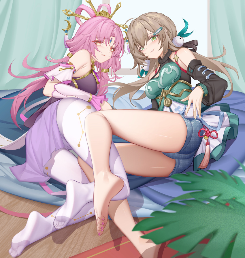 2girls absurdres barefoot black_sleeves bow-shaped_hair clothing_cutout dress feet forehead_jewel fu_xuan_(honkai:_star_rail) green_dress green_eyes hair_rings highres honkai:_star_rail honkai_(series) layered_clothes legs looking_at_viewer luai multiple_girls no_shoes pantyhose pink_hair purple_rope qingque_(honkai:_star_rail) rope soles tassel toes white_pantyhose