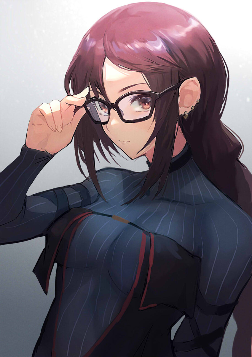 arm_strap black_dress blue_dress braid braided_ponytail breasts brown_eyes brown_hair center_opening dress earrings fate/grand_order fate_(series) female glasses grey_dress highres jewelry layered_dress long_hair long_sleeves medium_breasts multiple_earrings otsukemono ribbed_dress ribbon-trimmed_dress single_braid solo very_long_hair yu_mei-ren_(fate) yu_mei-ren_(first_ascension)_(fate)